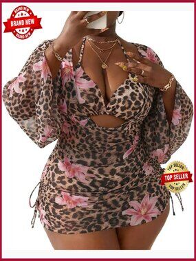 Plus Size Halter String Triangle Bikini Set 3 Piece with Cover Up